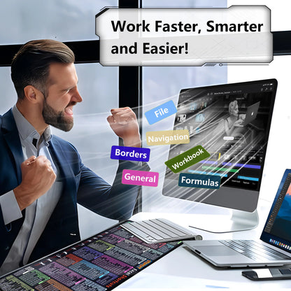 XL Office Excel Cheat Sheet Desk Pad Mat - Large Waterproof Anti-Slip Mouse Pad with Keyboard Shortcuts - 31.5” x 11.8”