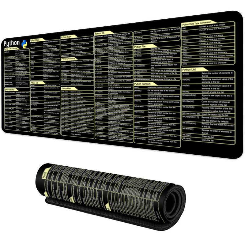 Python Coding Reference Mouse Pad - Large Non-Slip Stitched Edge Desk Mat for Programmers - Ideal for Gaming and Office Use