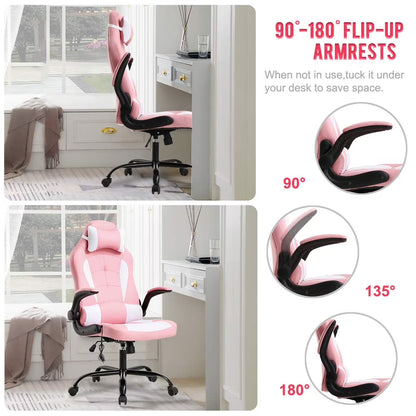 Ergonomic PU Leather Massage Gaming Chair with Lumbar Support - Pink Office Chair for Girls