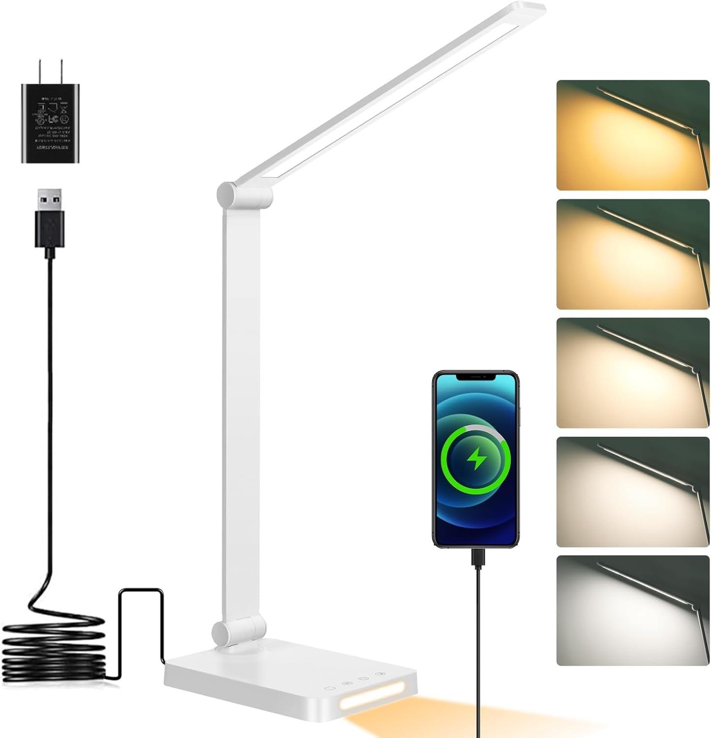 LED Desk Lamp with USB Ports, Touch Control, 5 Color Modes, 3 Brightness Levels, Foldable Design, White