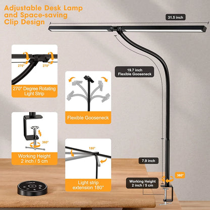 LED Desk Lamp for Home Office - 24W Architect Table Lamp with Clamp Adjustable Head Stepless Dimming Work Light