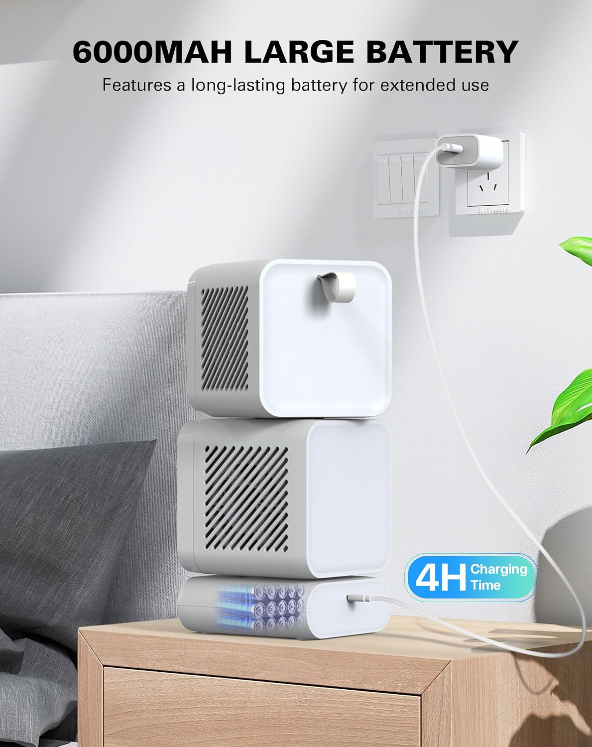 USB Desk Fan, Rechargeable Table Fan for Bedroom, 6000Mah Battery, Dual Heads, 6 Speeds, Digital Display, 360° Rotation, 120° Oscillating, Desk Fans Small Quiet for Office Dorm Kitchen