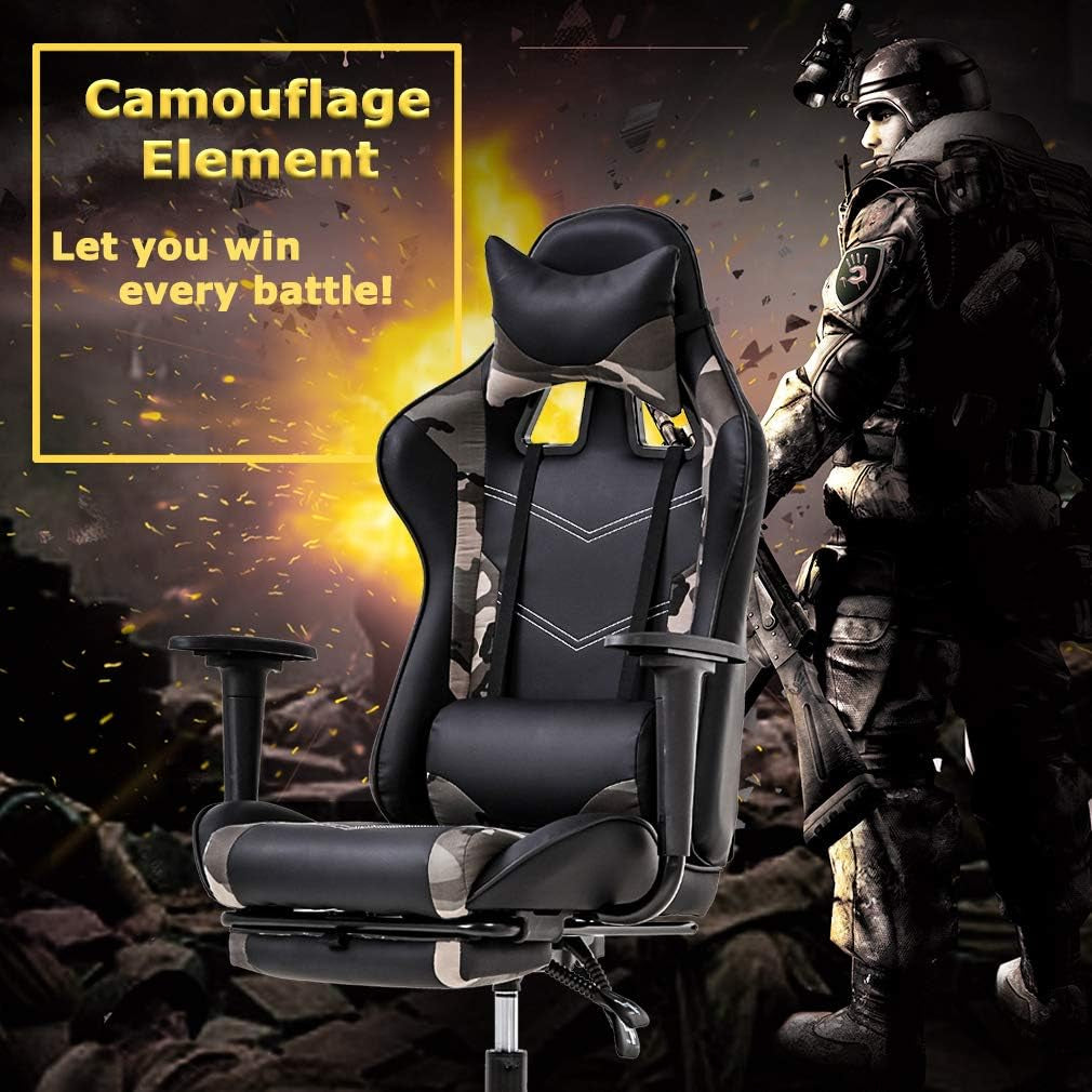 Ergonomic Camo Gaming Chair | Reclining Computer Chair with Lumbar Support, Headrest Pillow, and Adjustable Footrests | 360-Degree Swivel with Heavy-Duty Wheels | Ideal for Home and Office Use