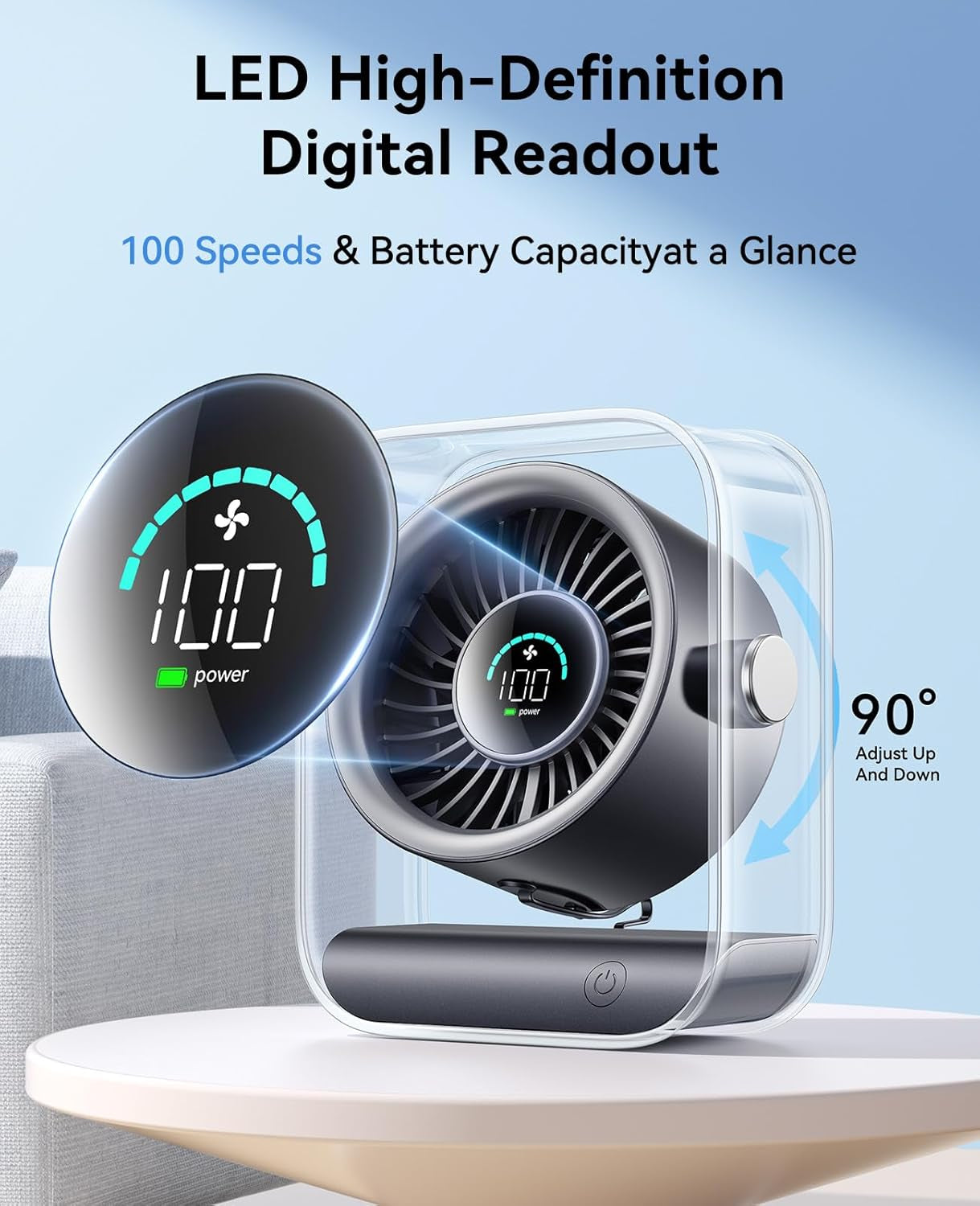 Portable Desk Fan for Bedroom, Rechargeable Small Table Fan with 100 Speeds, 90° Rotation, Turbo Airflow, LED Display, Quiet Personal USB Cooling Fan for Office Home Travel Camping, Black