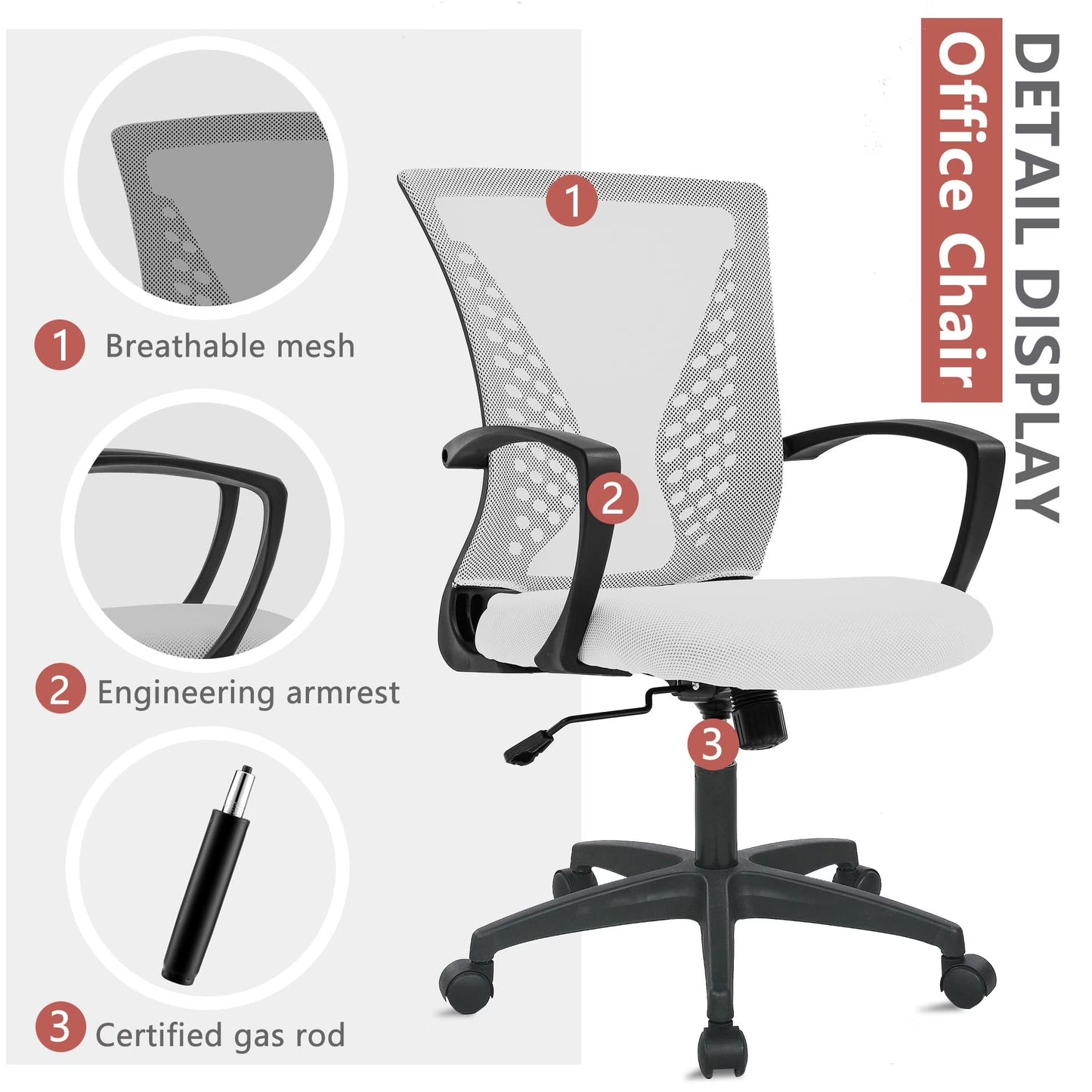 Ergonomic Office Chair Featuring Lumbar Support, Adjustable Height, and Swivel Casters in Grey, Single Unit