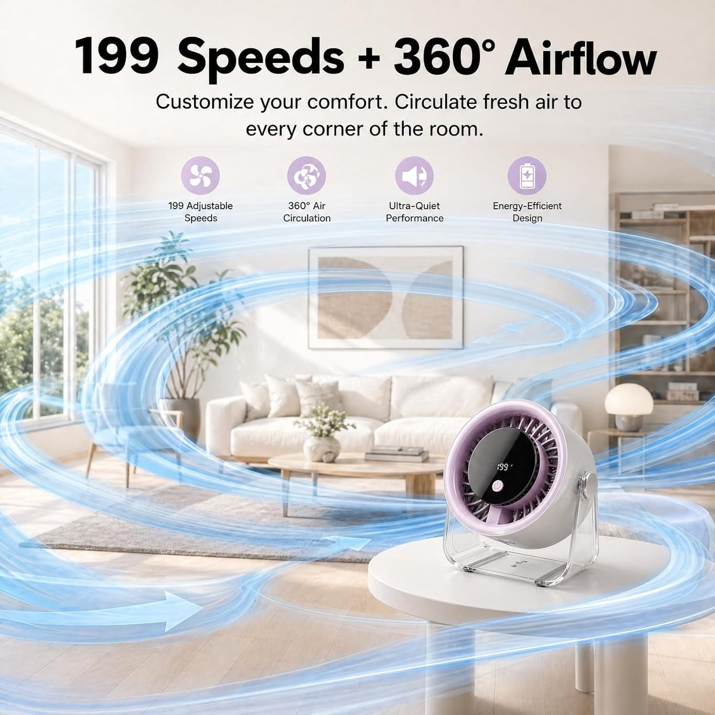 Portable Desk Fan for Bedroom, 199 Speeds Rechargeable USB Table Fan with 4000Mah Battery, 360° Rotation, LED Display, Quiet Wall-Mountable Personal Cooling Fan for Home Office (Purple)