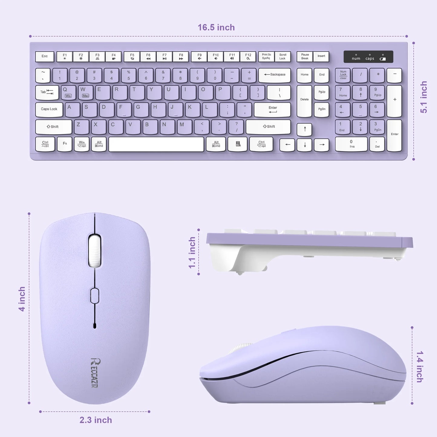 Wireless Keyboard and Mouse Combo , 2.4G Full Size, 12 Multimedia and Shortcut Keys, 3-Year Battery Life, for Windows, Mac OS Desktop/Laptop/Pc(Purple)