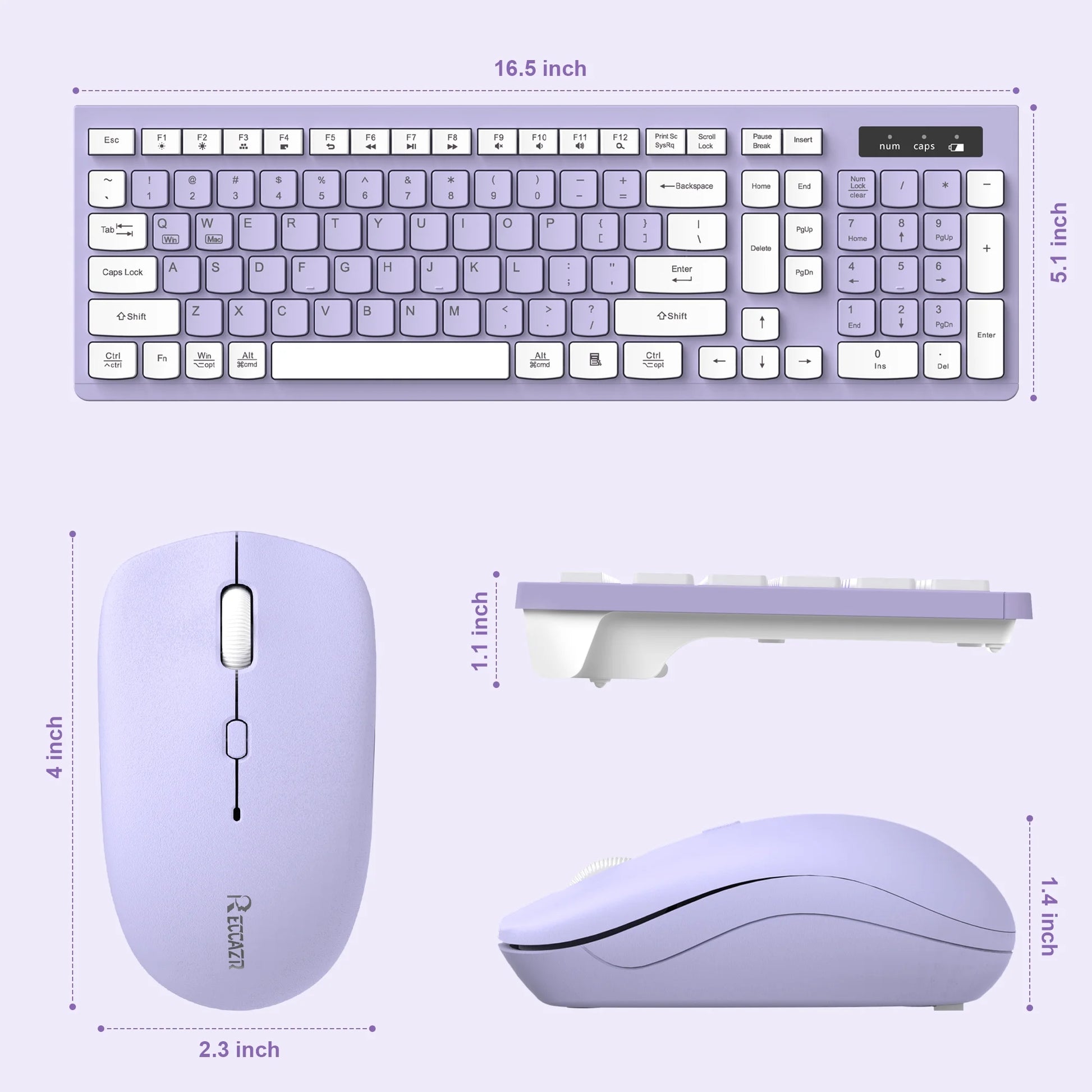Wireless Keyboard and Mouse Combo , 2.4G Full Size, 12 Multimedia and Shortcut Keys, 3-Year Battery Life, for Windows, Mac OS Desktop/Laptop/Pc(Purple)