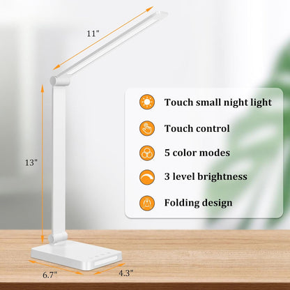 LED Desk Lamp with USB Ports, Touch Control, 5 Color Modes, 3 Brightness Levels, Foldable Design, White