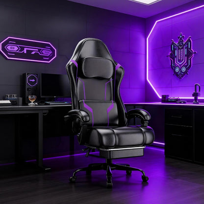 Ergonomic Gaming Chair with Pocket Spring Cushion and Footrest, Adjustable Height Computer Chair with Swivel Seat and Headrest (Purple)