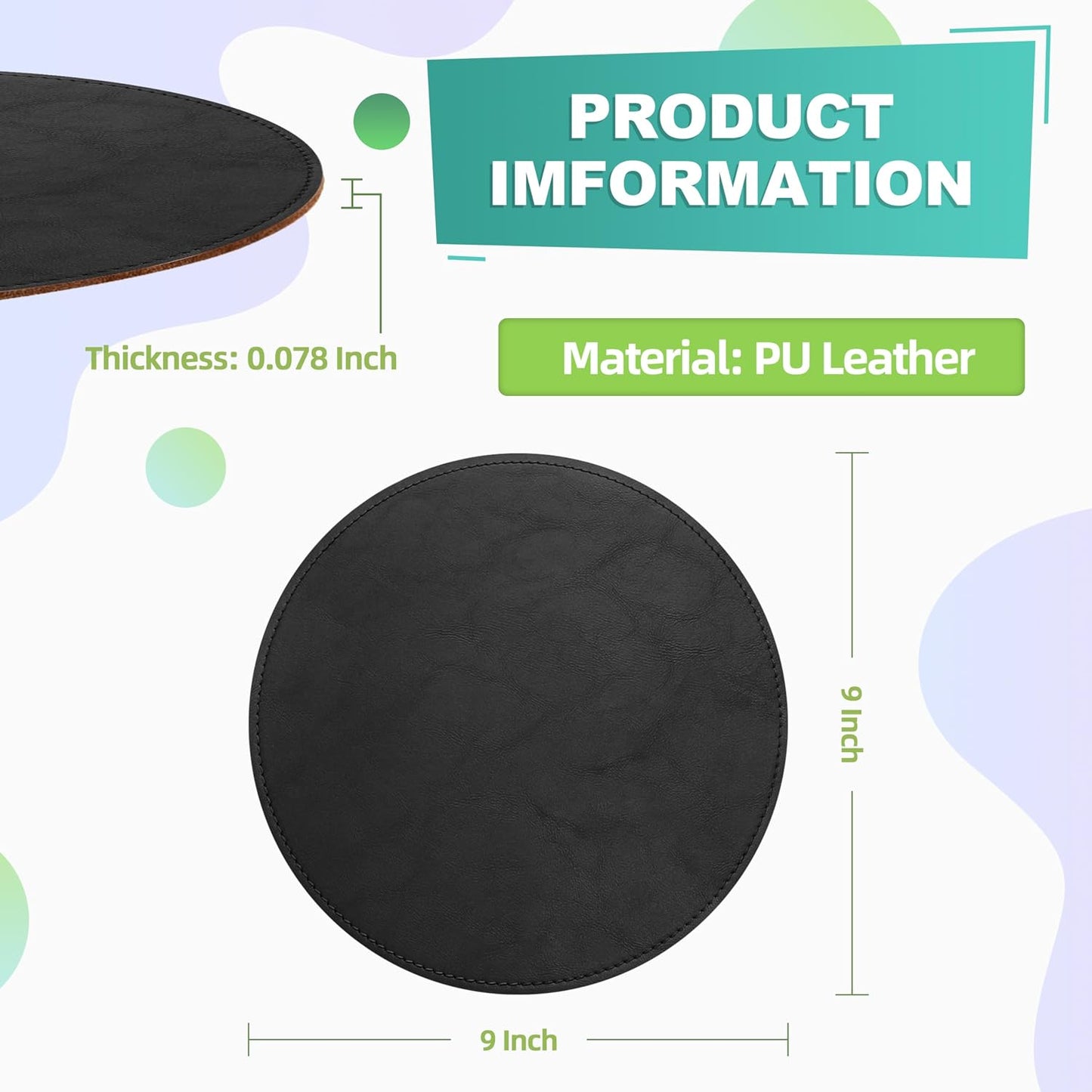Round Leather Mouse Pad with Stitched Edge and Non-Slip Waterproof Microfiber Base, 9 x 9 Inches (Charcoal Black)