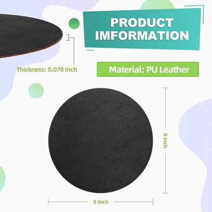 Round Leather Mouse Pad with Stitched Edge and Non-Slip Waterproof Microfiber Base, 9 x 9 Inches (Charcoal Black)