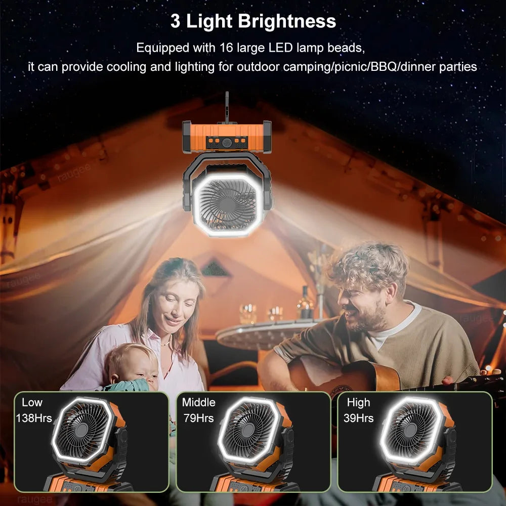 Camping Portable Desk Fan with LED Light Rechargeable Quiet Camping Fan 20000Mah Battery Hanging Hook for Trip Home Bedroom