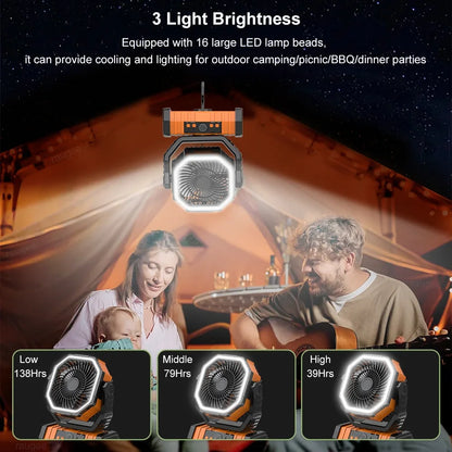 Camping Portable Desk Fan with LED Light Rechargeable Quiet Camping Fan 20000Mah Battery Hanging Hook for Trip Home Bedroom