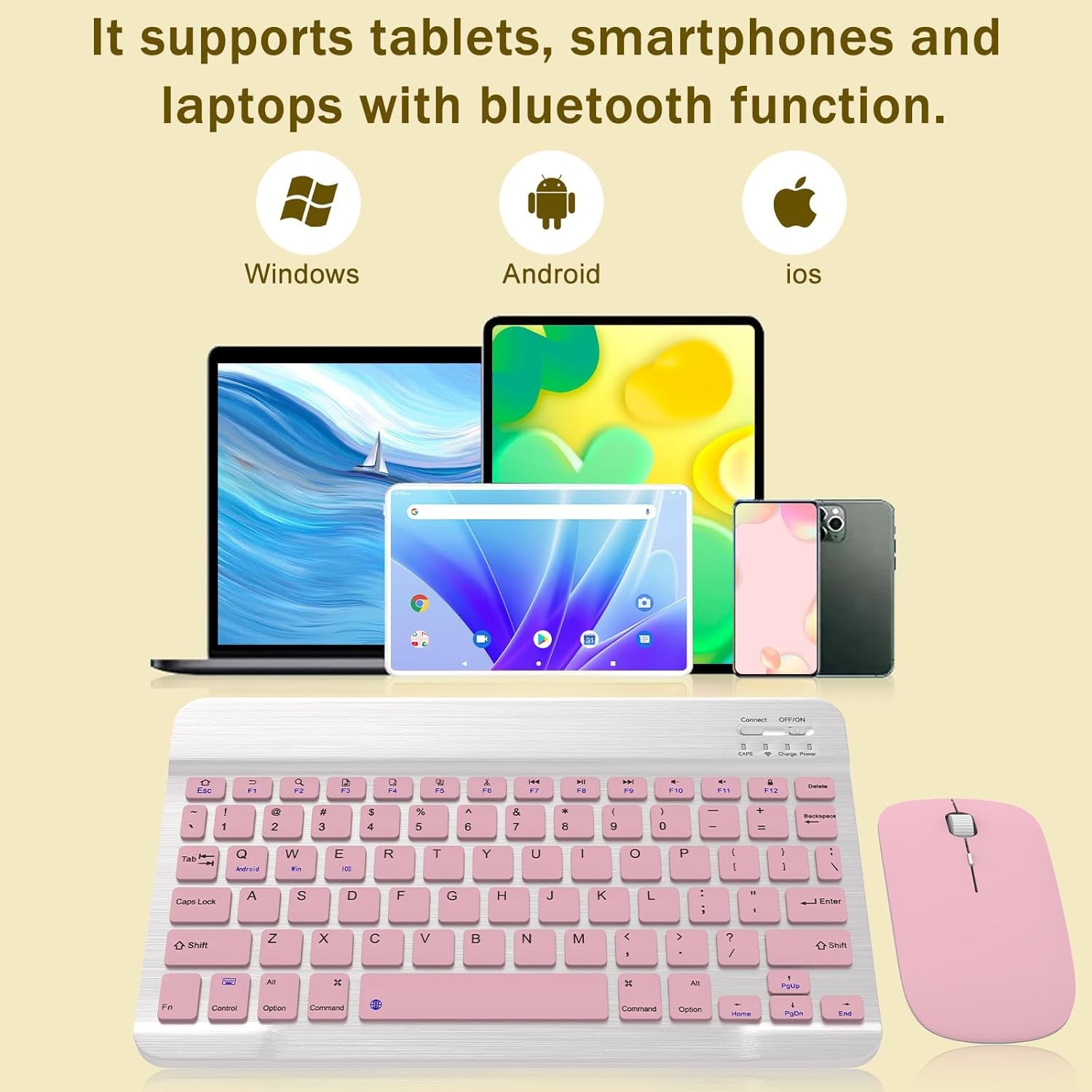 Rechargeable Bluetooth Keyboard and Mouse Combo, Universal Ultra-Slim Wireless Keyboard Mouse Set for Android Windows Ipad Iphone Samsung Tablet Portable Compact Keyboard Set (Pink)