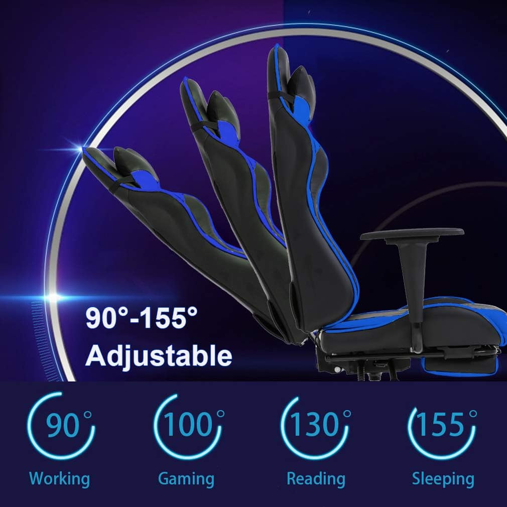 Ergonomic Blue Gaming Chair | Reclining Computer Chair with Lumbar Support, Headrest Pillow, and Adjustable Footrests | 360-Degree Swivel with Heavy-Duty Wheels | Ideal for Home and Office
