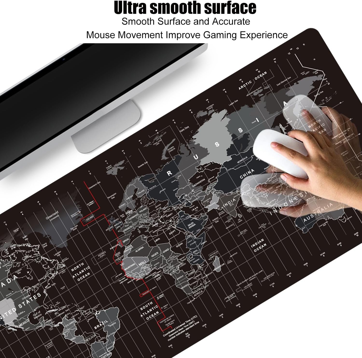 XXL Extended World Map Gaming Mouse Pad (900x400x3mm) with Stitched Edges for Home Office and Gaming Setups