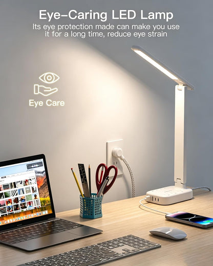 Small LED Desk Lamp Power Strip 10Ft Extension Cord, 3 Outlets 4 USB Ports(2 USB C), 4 Modes, 5 Level Touch Lamp, Study Reading Light, Home Office Bedroom College Dorm Room Essentials, White