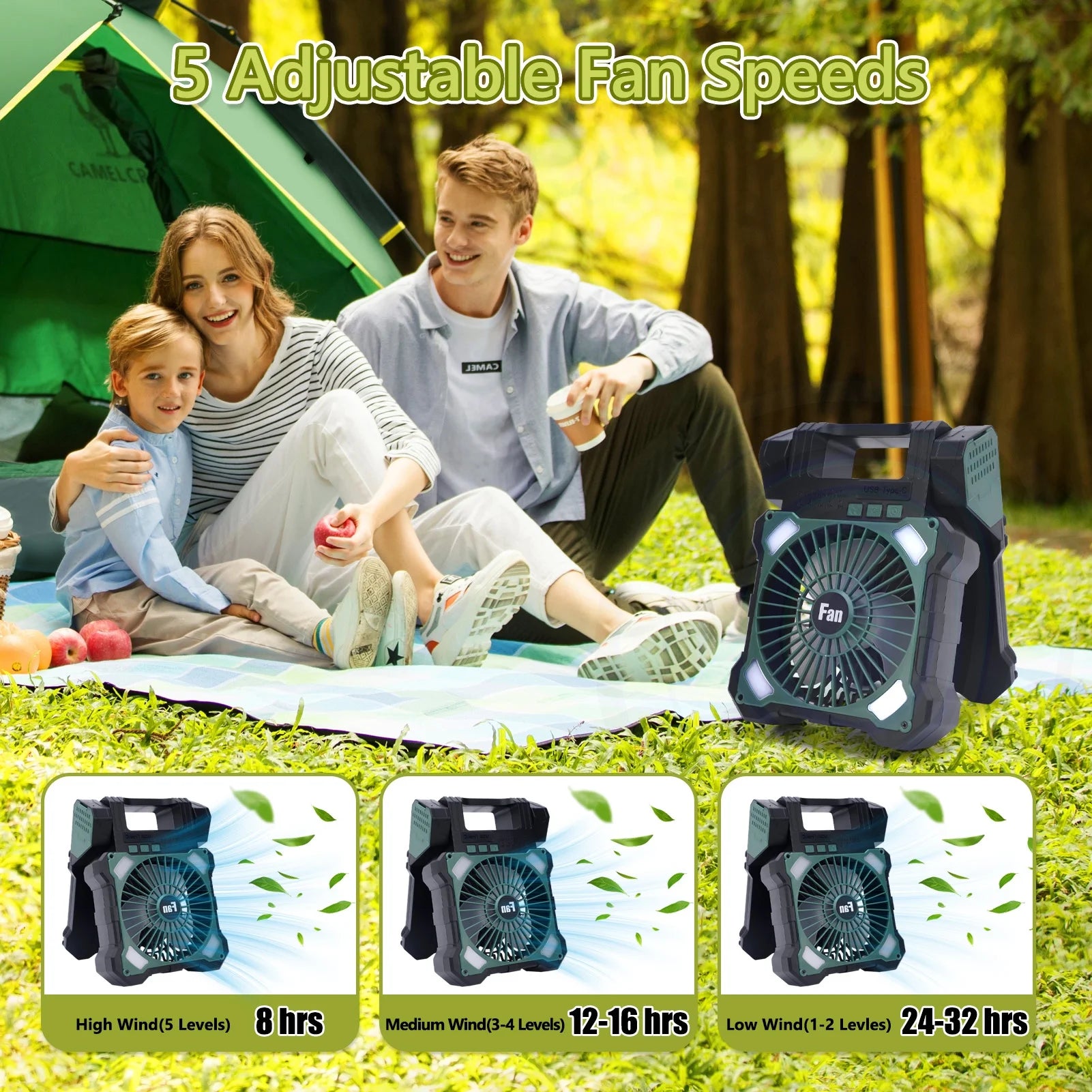 10000Mah Solar Camping Fan with Power Bank & Light, 5 Speeds USB Rechargeable Solar Powered Fan with Timer, 90° Foldable Portable Quiet Desk Fan for Hiking Power Outage Fishing Travel BBQ