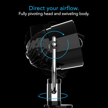 Pivot Clip Personal Air Circulator, 3-Speed, Portable Desk Fan with Multi-Surface Clip, 360-Degree Adjustable Axis, 9 in Tall, 4 in Diameter, Whisper Quiet, Black