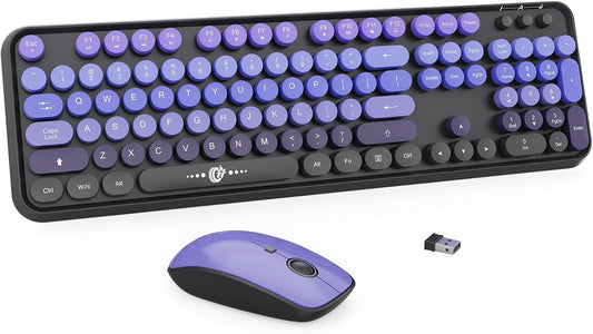 Wireless Keyboard and Mouse Combo - Cute Colorful Keyboard and Mouse, Retro Typewriter Keyboard with 2.4Ghz Plug & Play, for Windows 11/10/7, Laptop, PC (V2020-Purple)