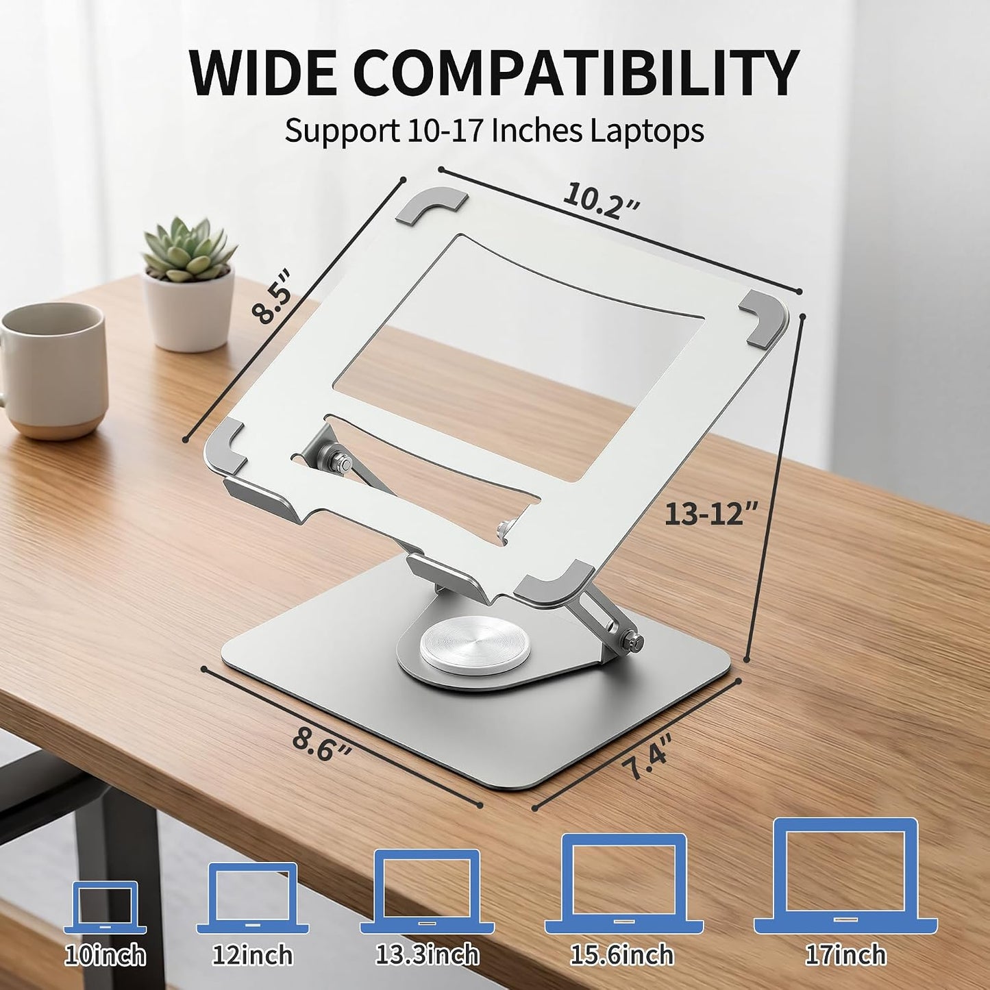 Laptop Stand for Desk with 360° Rotating Base, Multi-Angle Adjustable Laptop Stands, Foldable Laptop Riser Compatible with 10 to 17 Inches PC Computer, Silver