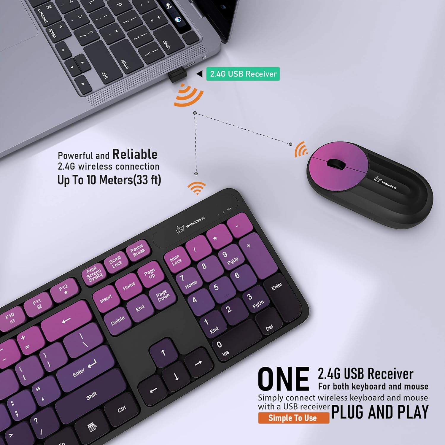 Wireless Keyboard and Mouse Combo - 2.4G Wireless, Rechargeable, Low-Noise, Cute Colorful, Full-Sized, 3 DPI Adjustable Mouse, for Computer, Laptop, PC, Desktop (Black Pink)