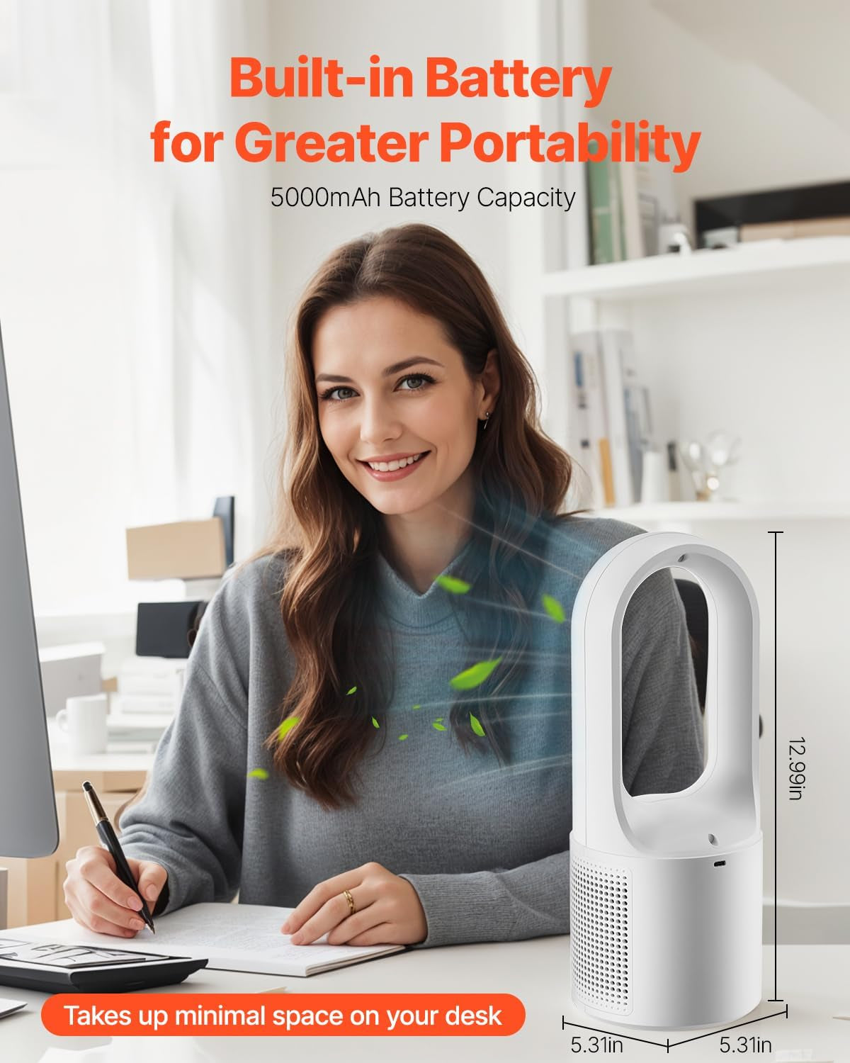 Desk Fan Bladeless, 12.99 Inch Portable Desk Fan, 6-Speed USB Quiet Cooling Smal