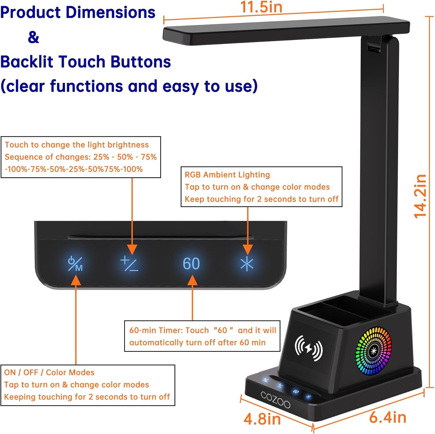 LED Desk Lamp for Home Office, Desk Light with 15W Wireless Charger Pen Holder, 12 Lighting Modes Desk Lamp for Bedroom, Small Table Lamp for College Dorm, Study, Craft, Nail, Foldable Black