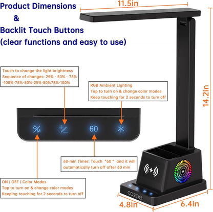 LED Desk Lamp for Home Office, Desk Light with 15W Wireless Charger Pen Holder, 12 Lighting Modes Desk Lamp for Bedroom, Small Table Lamp for College Dorm, Study, Craft, Nail, Foldable Black