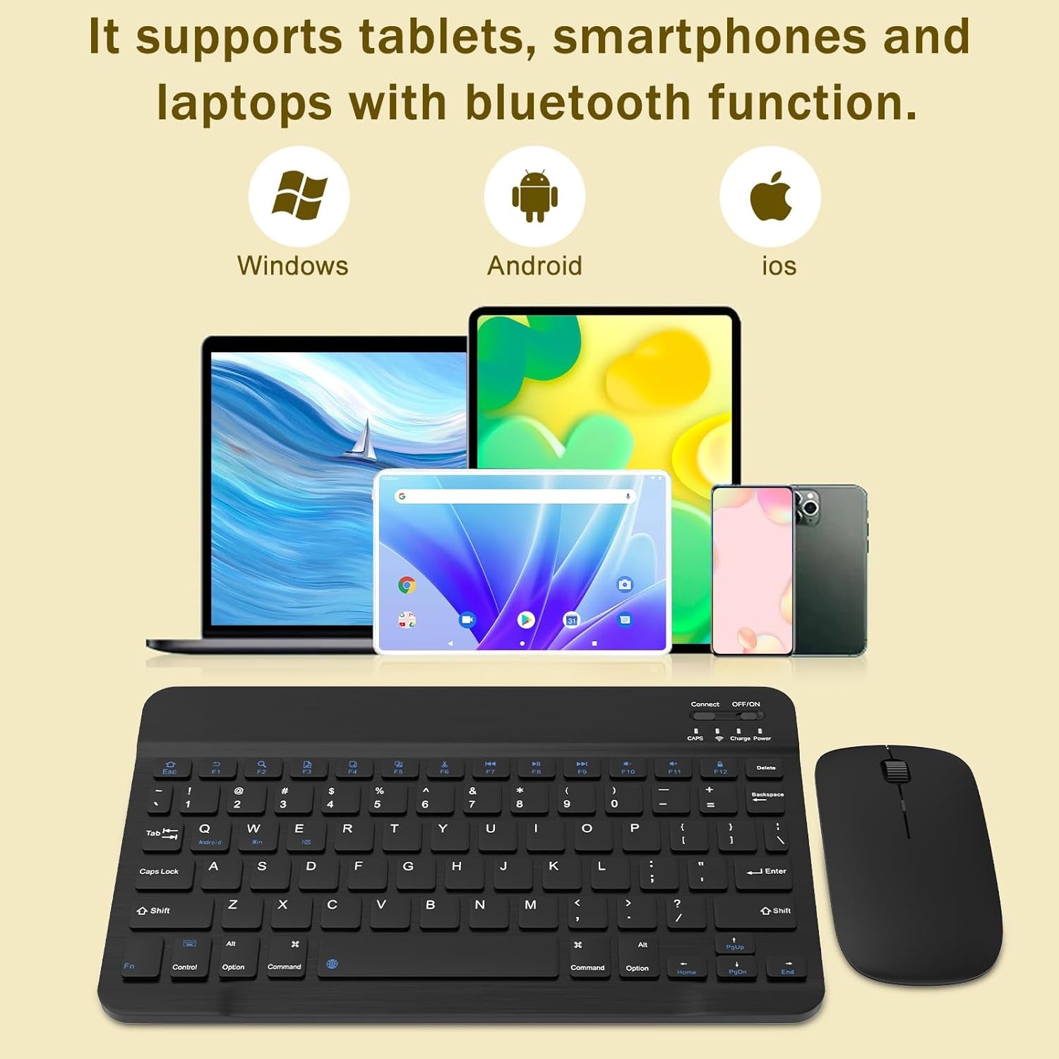 Rechargeable Bluetooth Keyboard and Mouse Combo, Universal Ultra-Slim Wireless Keyboard Mouse Set for Android Windows Ipad Iphone Samsung Tablet Portable Compact Keyboard Set (Black)