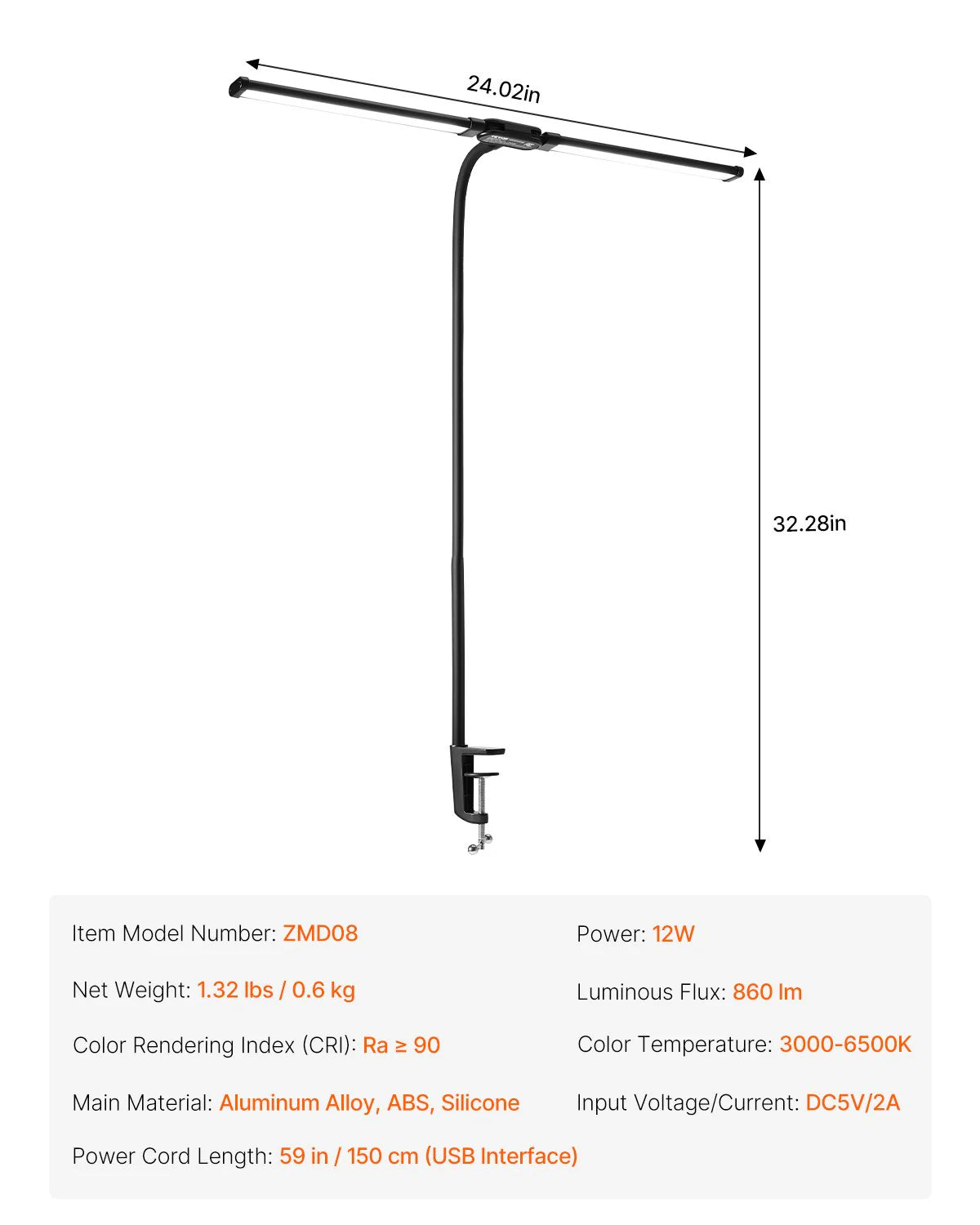 Professional LED Desk Lamp with Dual Adjustable Gooseneck and Clamp Design