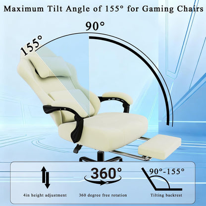 Ergonomic Massage Gaming Chair with Lumbar Support and Footrest, Height Adjustable Fabric Computer Chair with Pocket Spring Cushion in Beige