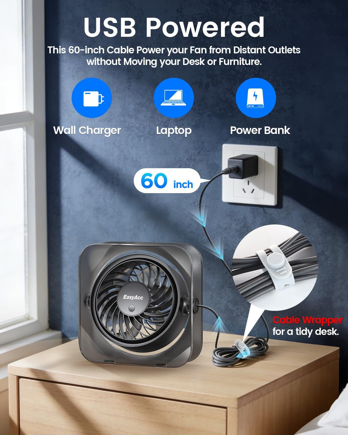 USB Small Desk Fan, Fan for Slumber Pod Long Cable 5Ft, Turbo Powerful Airflow, 3 Speeds Portable Mini Desk Travel USB Fan for Sleeping Cruise Ship Dorm Bedroom Office Airplanes (No Battery)
