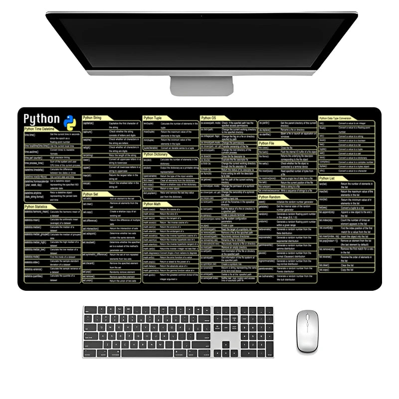 Python Coding Reference Mouse Pad - Large Non-Slip Stitched Edge Desk Mat for Programmers - Ideal for Gaming and Office Use