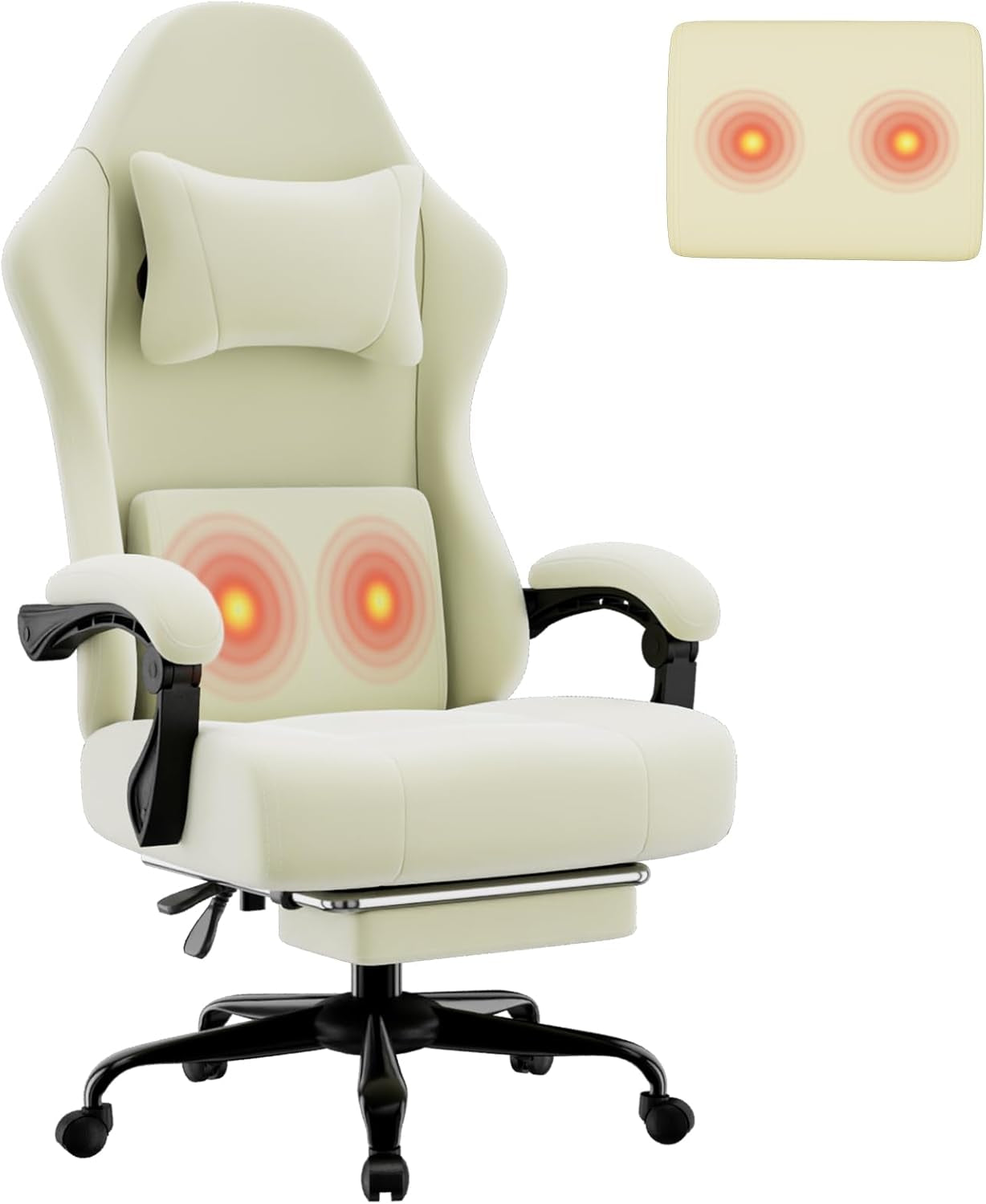 Ergonomic Massage Gaming Chair with Lumbar Support and Footrest, Height Adjustable Fabric Computer Chair with Pocket Spring Cushion in Beige
