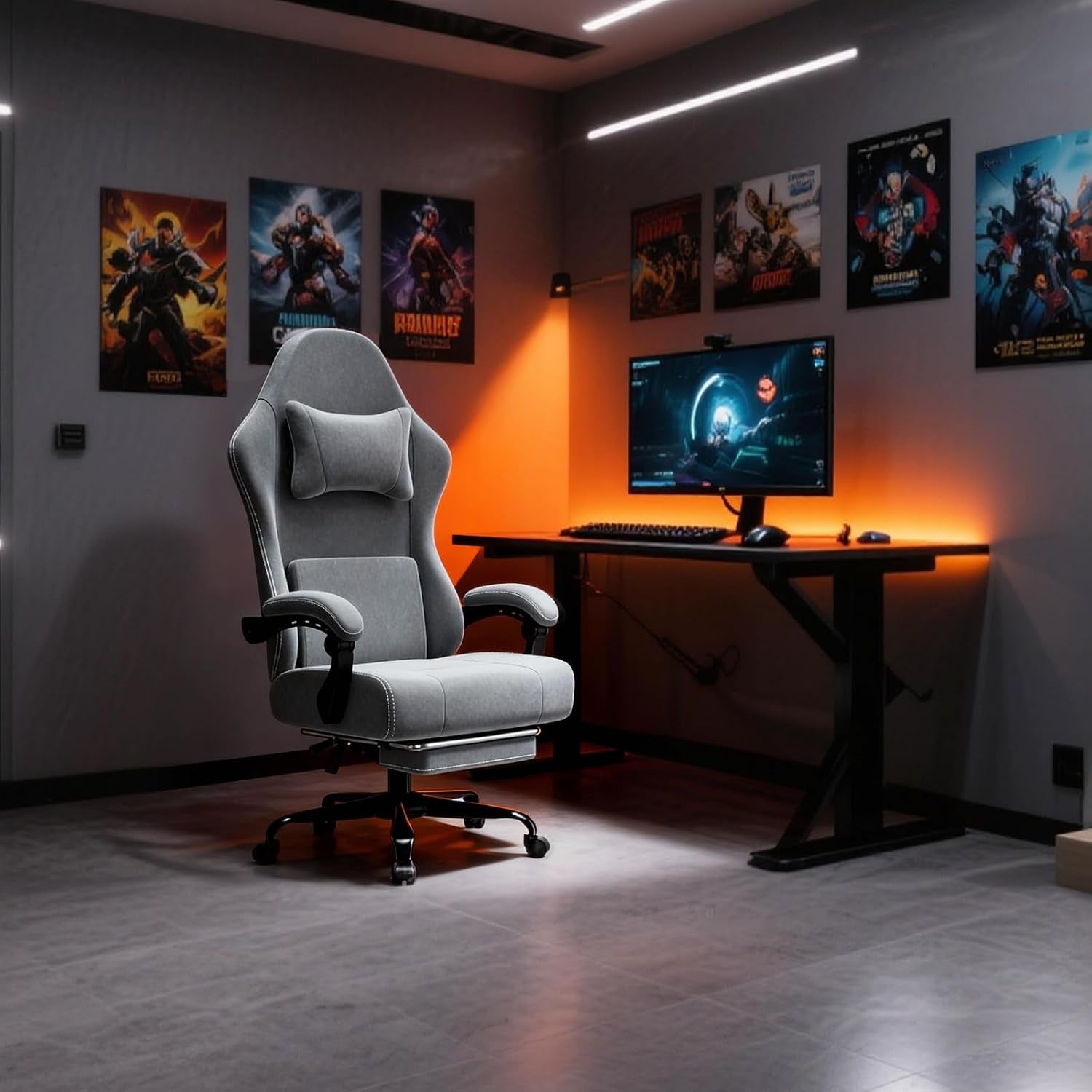 Ergonomic Massage Gaming Chair with Lumbar Support and Footrest, Height Adjustable Fabric Computer Chair with Pocket Spring Cushion (Gray)