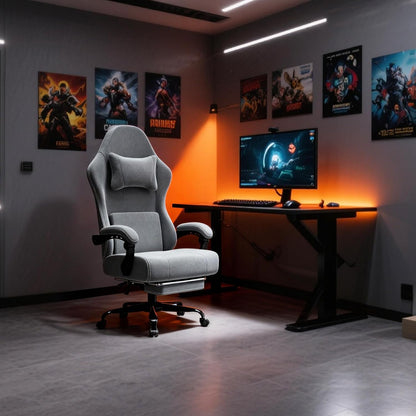 Ergonomic Massage Gaming Chair with Lumbar Support and Footrest, Height Adjustable Fabric Computer Chair with Pocket Spring Cushion (Gray)