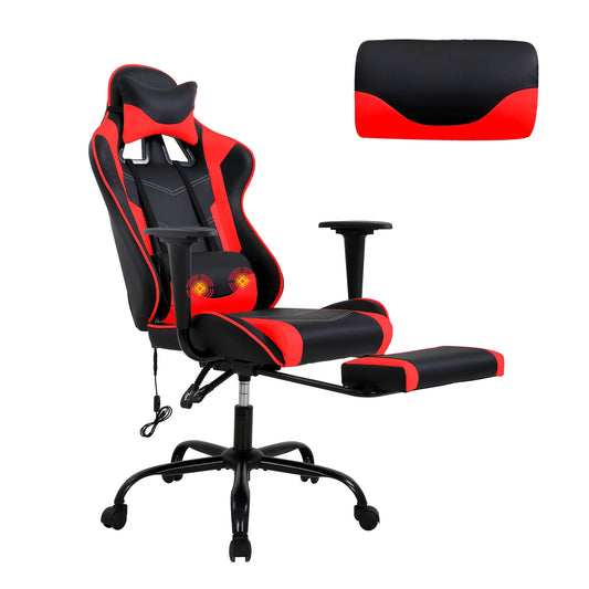 Ergonomic Racing Office Chair with Massage Function, PU Leather Recliner, Lumbar Support, Headrest, Armrest, Footrest, and Swivel Base for Adults - Red