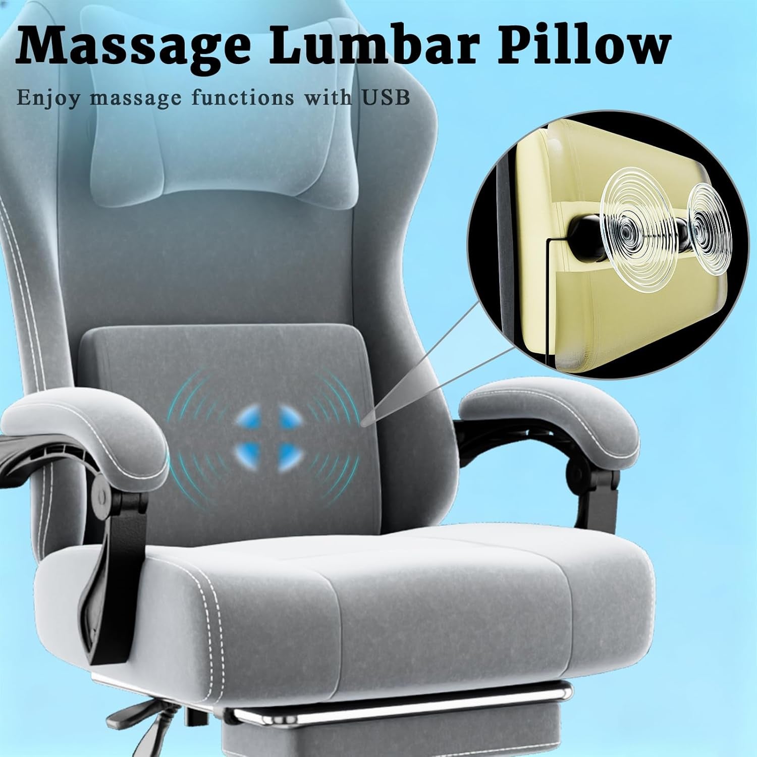 Ergonomic Massage Gaming Chair with Lumbar Support and Footrest, Height Adjustable Fabric Computer Chair with Pocket Spring Cushion (Gray)