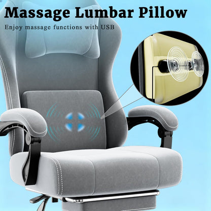 Ergonomic Massage Gaming Chair with Lumbar Support and Footrest, Height Adjustable Fabric Computer Chair with Pocket Spring Cushion (Gray)