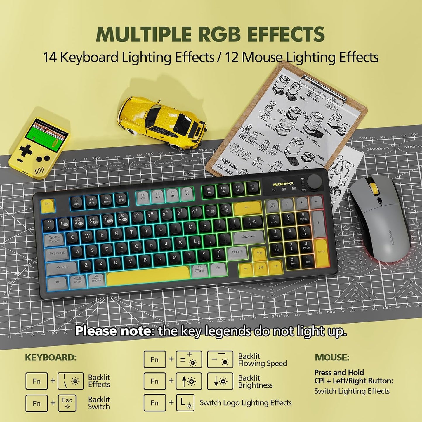 Wireless Keyboard and Mouse Combo Creamy with Number Pad for Desktop Mac Ipad Bluetooth/2.4Ghz/Wired Rechargeable Light up RGB Quiet Compatible with PC Laptop Tablet (Black)