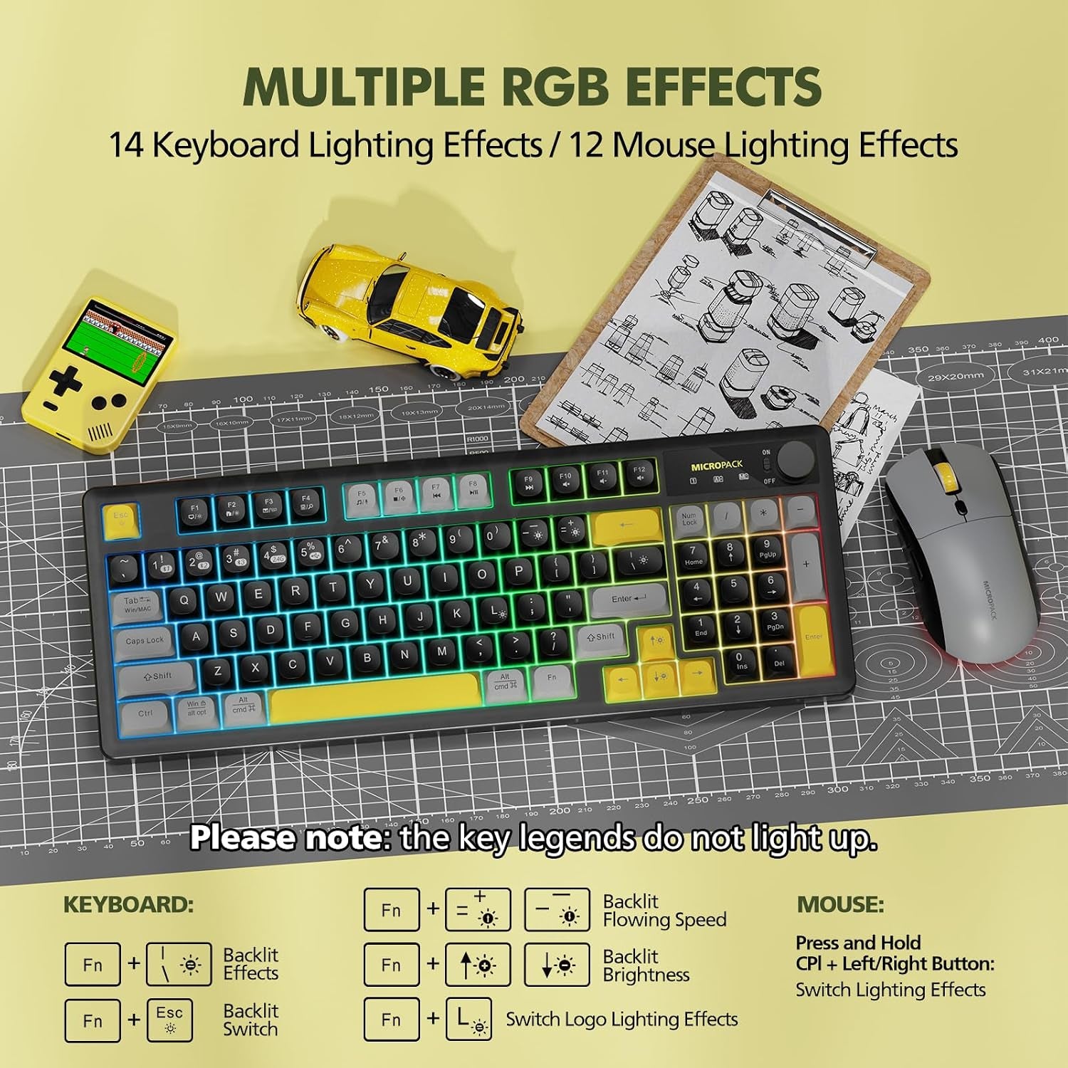 Wireless Keyboard and Mouse Combo Creamy with Number Pad for Desktop Mac Ipad Bluetooth/2.4Ghz/Wired Rechargeable Light up RGB Quiet Compatible with PC Laptop Tablet (Black)