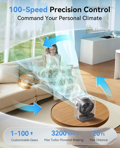 Portable Desk Fan for Bedroom, Rechargeable Small Table Fan with 100 Speeds, 90° Rotation, Turbo Airflow, LED Display, Quiet Personal USB Cooling Fan for Office Home Travel Camping, Black