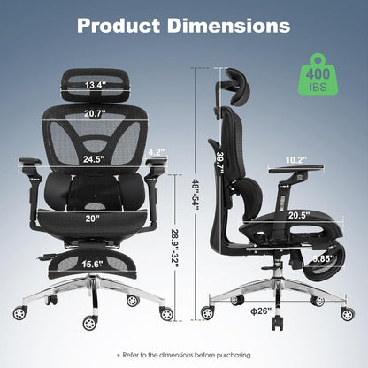 Ergonomic Mesh Office and Gaming Chair with Footrest, High Back Design, 3D Lumbar Support, 130° Tilt, Adjustable Seat Depth, 6D Armrests, and 3D Headrest (Black Pro)