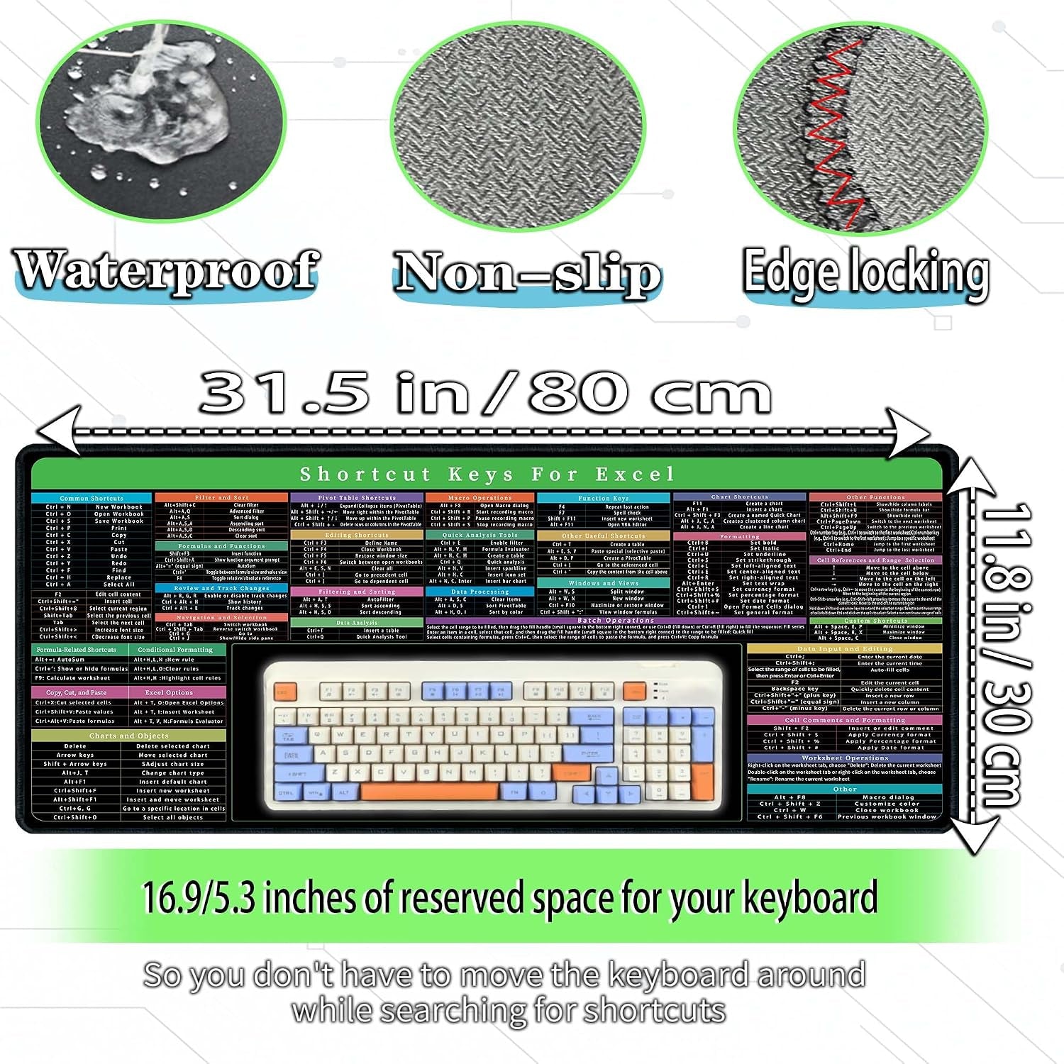 Excel Cheat Sheet Desk Pad with Keyboard Area – 150+ Shortcuts Mouse Pad for Home, Office, and Gaming – Non-Slip and Waterproof – 31.5" x 11.8