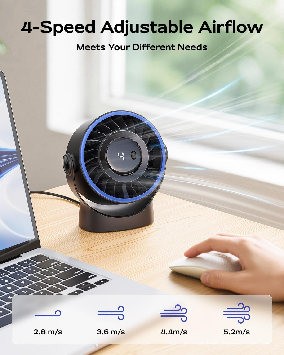USB Small Desk Fan - 5 Inch Mini Personal Desktop Fan, 4 Speeds Cooling Strong Airflow, 360° Adjustable Tilt, Quiet Portable Table Fans for Bedroom, Home, Office, Travel & Cruise, Black