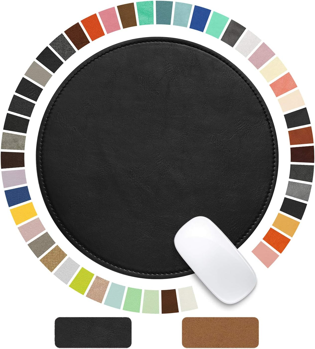 Round Leather Mouse Pad with Stitched Edge and Non-Slip Waterproof Microfiber Base, 9 x 9 Inches (Charcoal Black)