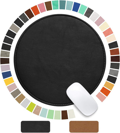 Round Leather Mouse Pad with Stitched Edge and Non-Slip Waterproof Microfiber Base, 9 x 9 Inches (Charcoal Black)