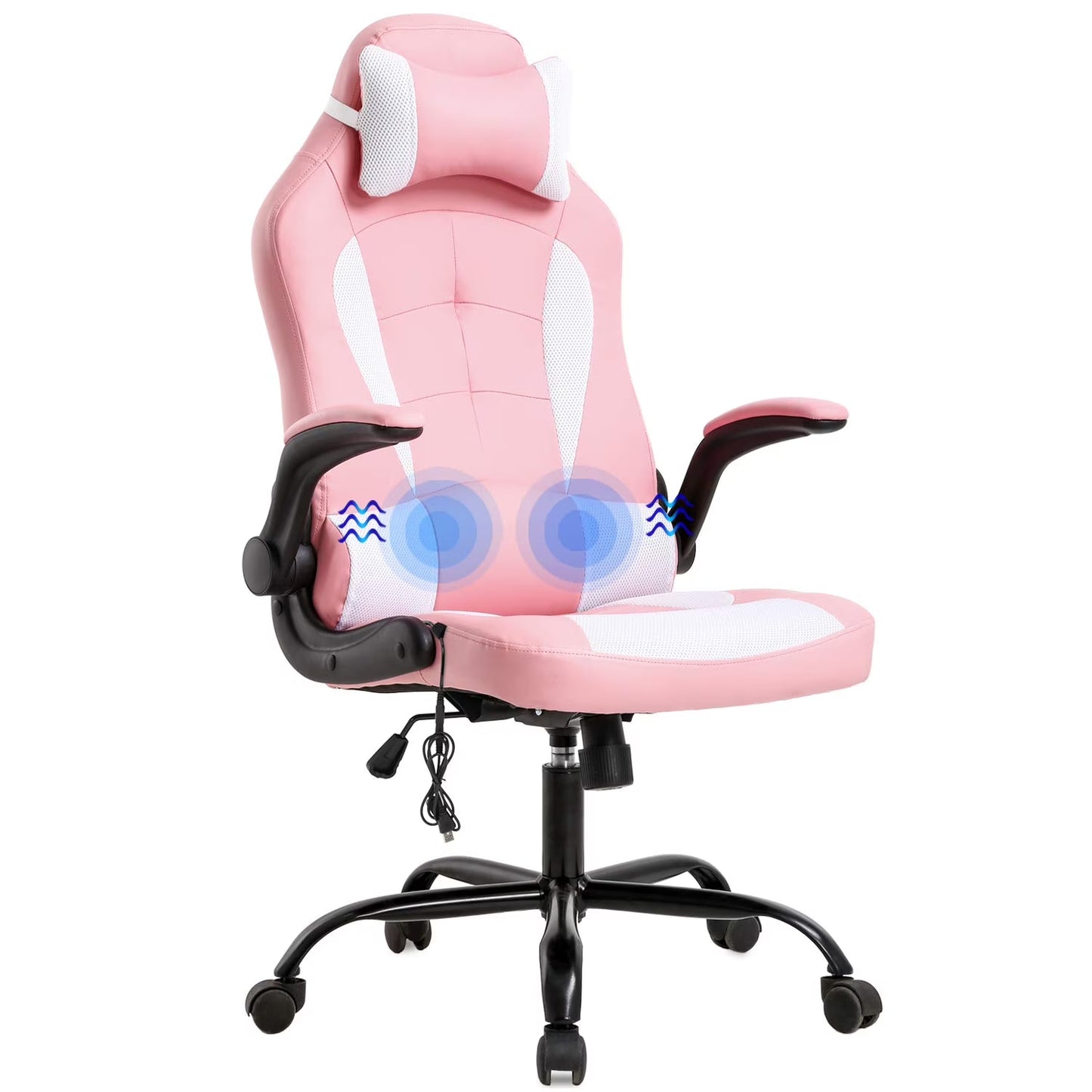 Ergonomic PU Leather Massage Gaming Chair with Lumbar Support - Pink Office Chair for Girls